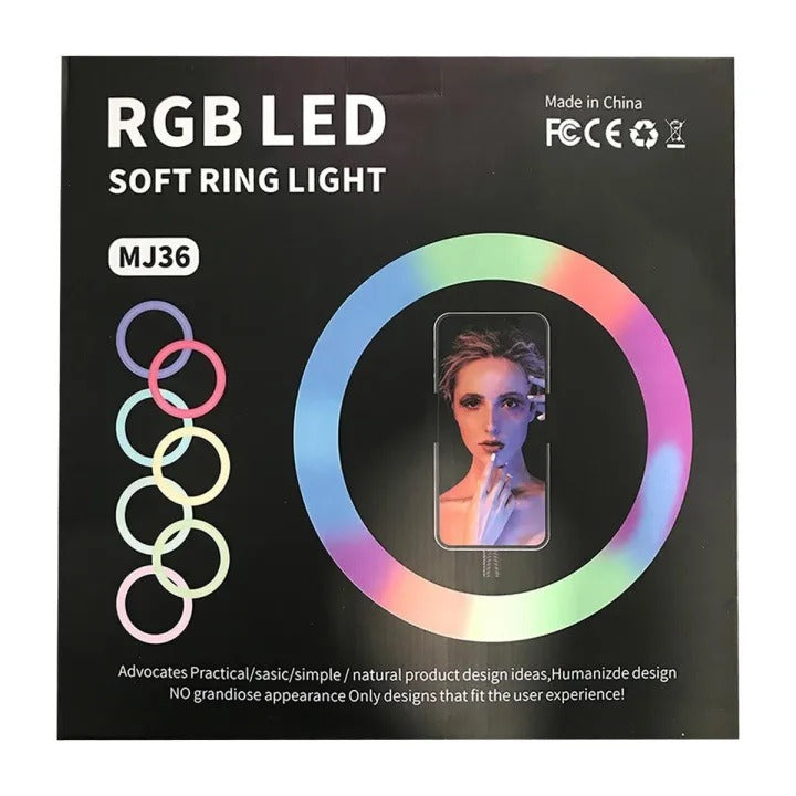 MJ36 RGB LED Ring Light with Phone Holder 36cm – 16 Colors, Adjustable Brightness & USB Powered