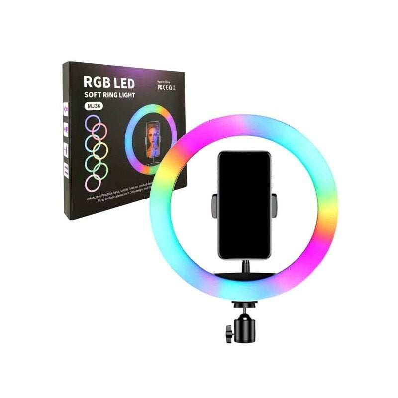 MJ36 RGB LED Ring Light with Phone Holder 36cm – 16 Colors, Adjustable Brightness & USB Powered