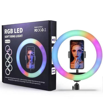 MJ36 RGB LED Ring Light with Phone Holder 36cm – 16 Colors, Adjustable Brightness & USB Powered