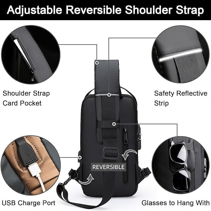 Anti-Theft Chest Sling Bag with USB Charging Port – Waterproof Crossbody Travel & Sports Shoulder Bag