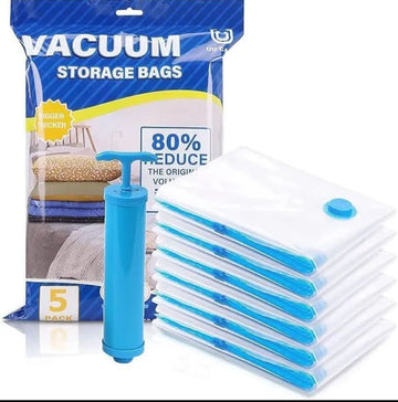 Vacuum Storage Bags Set of 5 with Hand Pump – Space Saving Compression Bags for Clothes, Bedding & Travel