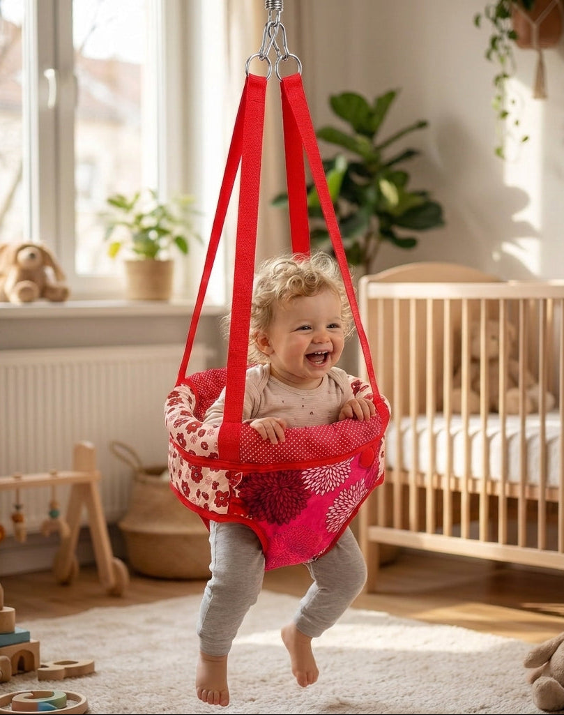 Baby jumping swing hanging indoors with padded seat