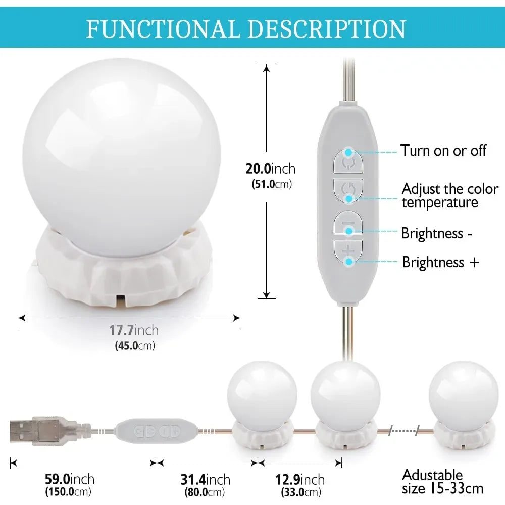 LED Vanity Mirror 10 Lights | Hollywood Makeup Mirror Light Kit with 3 Color Modes, Adjustable Brightness & USB Powered Bulbs