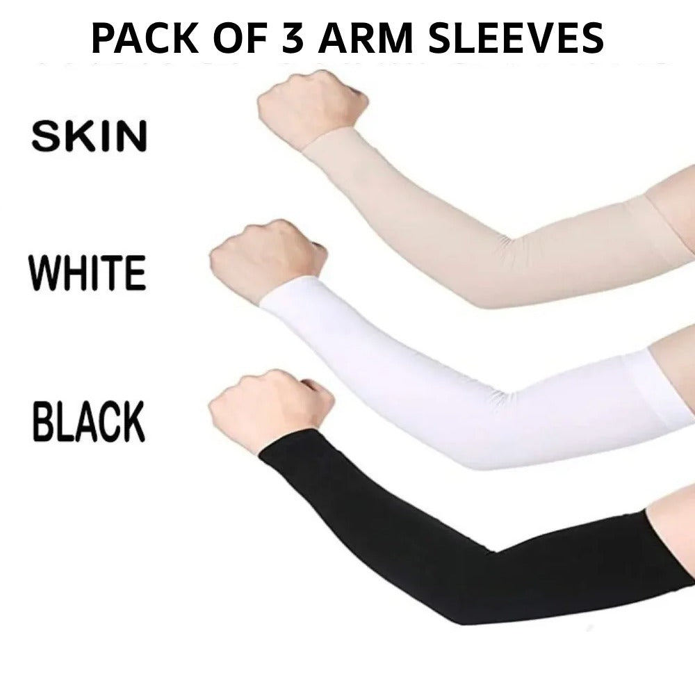 3 Pairs Premium UV Cooling Arm Sleeves | Stretchable Fabric, Full Arm Gloves Free Size